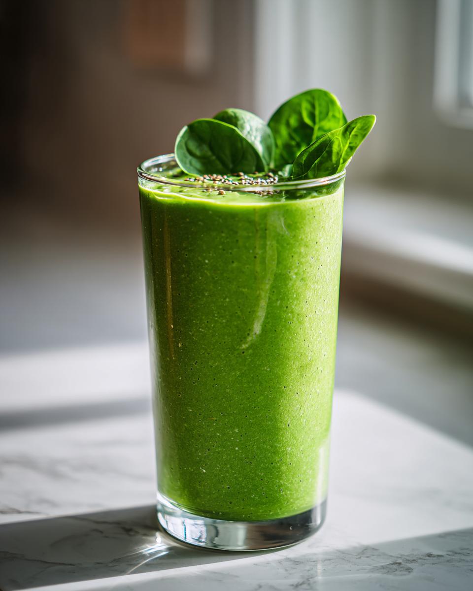 Vaso con batido verde y hojas de espinaca, receta detox después de fiestas saludable