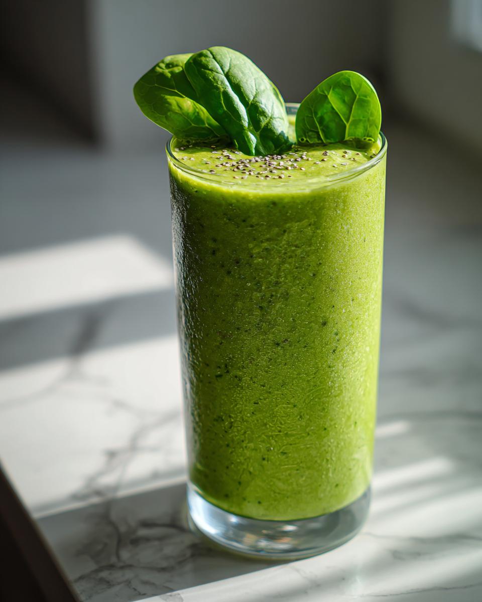 Vaso de batido verde con espinacas frescas y semillas, ideal para recetas detox después de fiestas