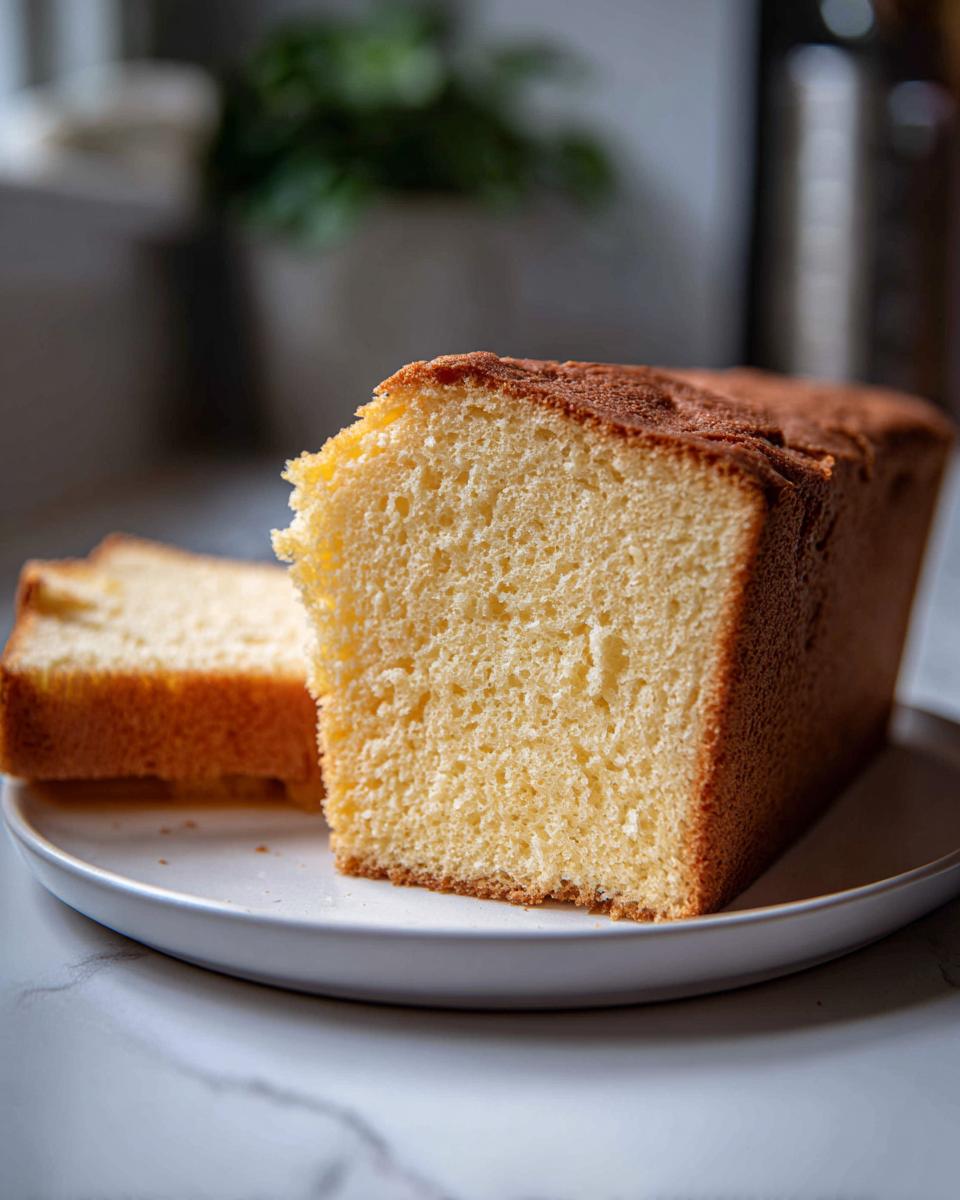 Rebanada de bizcocho casero esponjoso con textura suave sobre un plato blanco