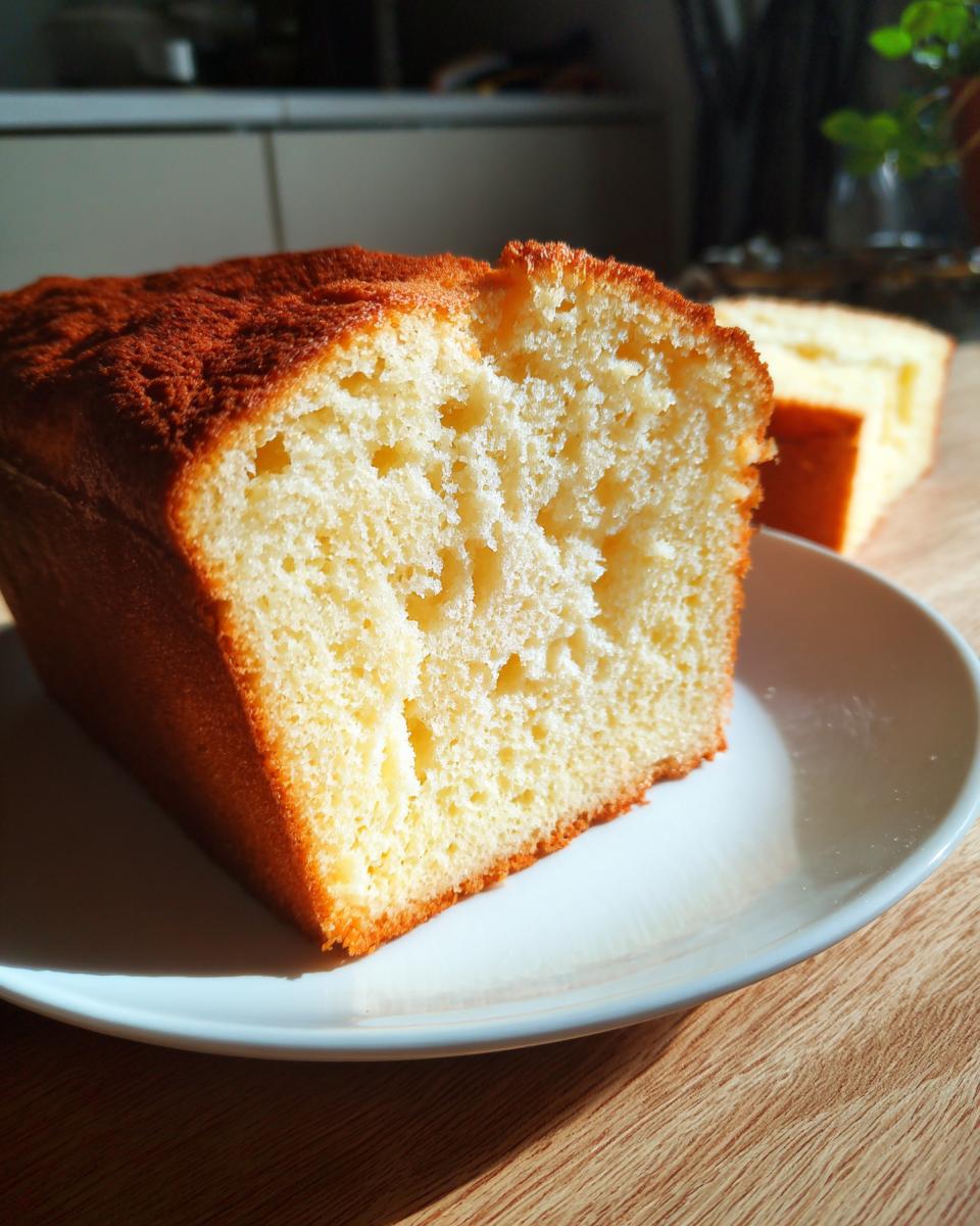 Rebanada de bizcocho casero esponjoso con textura aérea sobre plato blanco