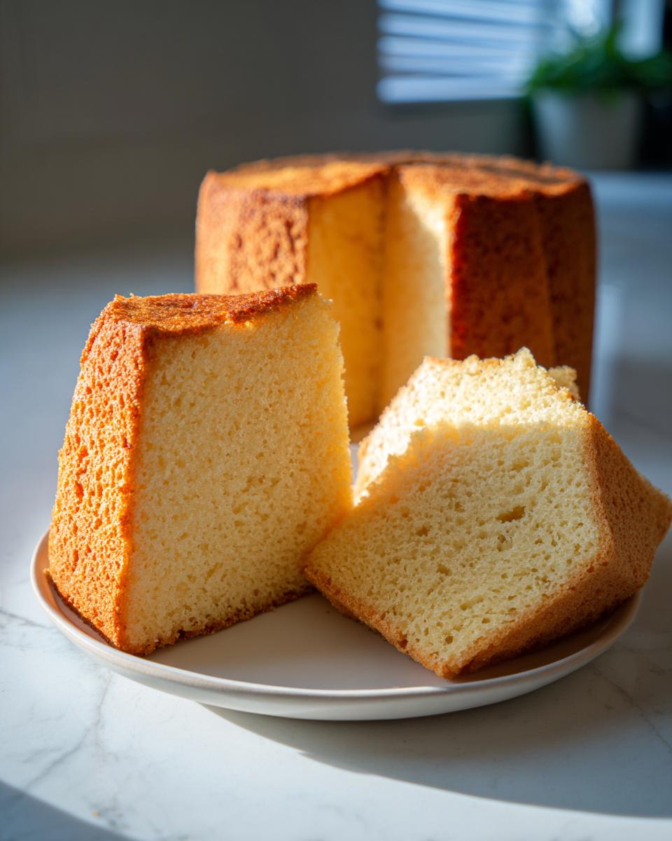 Porciones de bizcocho casero esponjoso sobre plato con textura suave y dorada