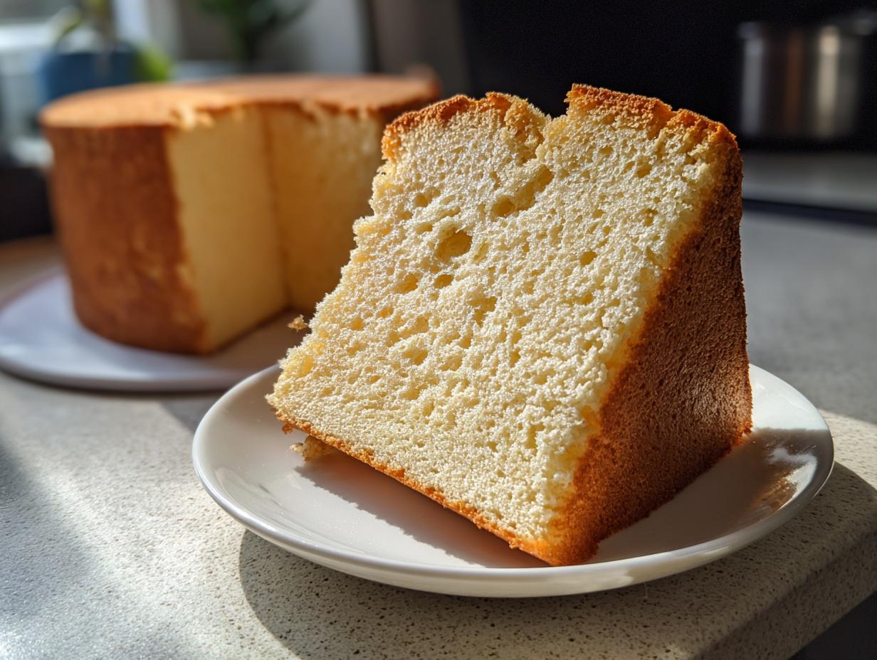 Porción de bizcocho casero esponjoso con textura aireada sobre un plato blanco