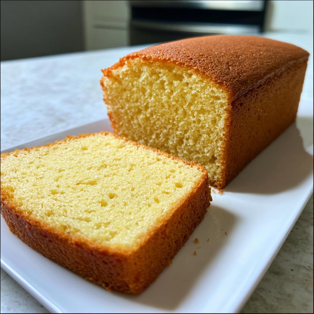 Rebanada y bizcocho casero esponjoso entero sobre plato blanco, textura suave y aireada.
