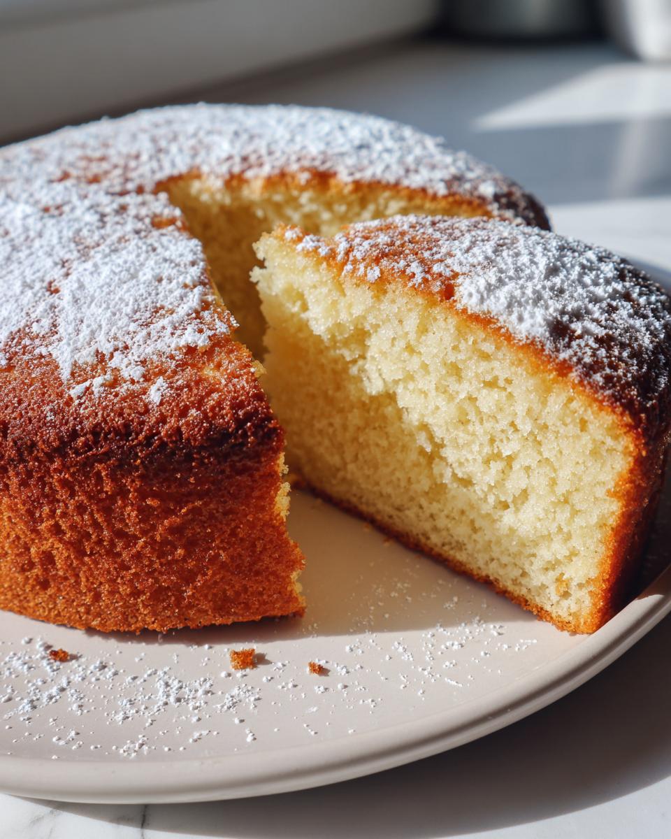 Bizcocho esponjoso cortado con azúcar glas espolvoreado encima sobre un plato blanco.