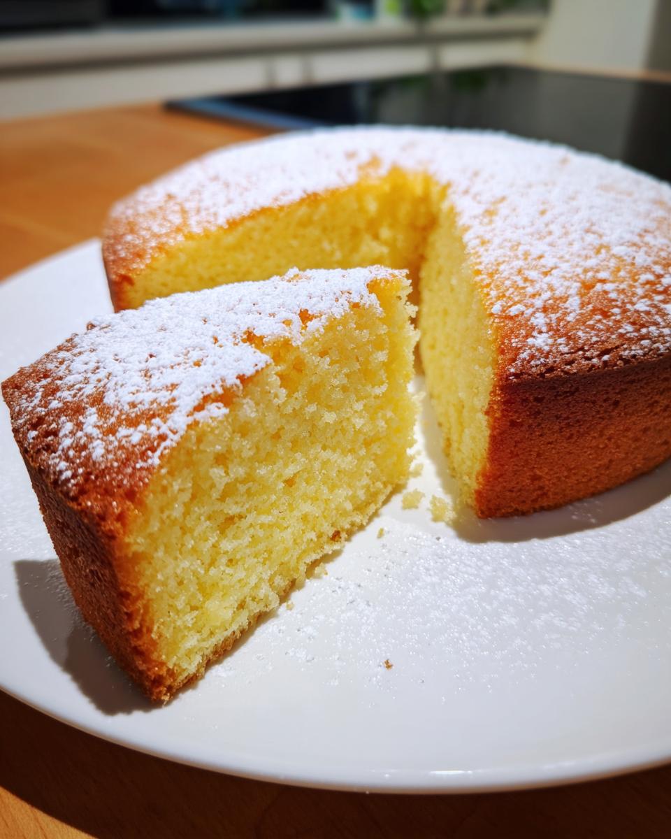 Bizcocho esponjoso en un plato blanco con una porción cortada y azúcar glas espolvoreada encima