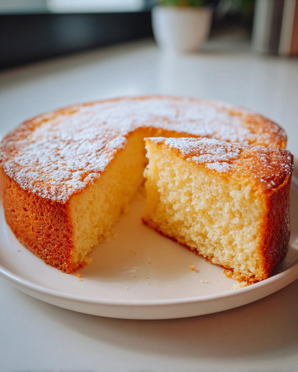 Bizcocho esponjoso casero en un plato blanco con una porción cortada y cubierto de azúcar glas.
