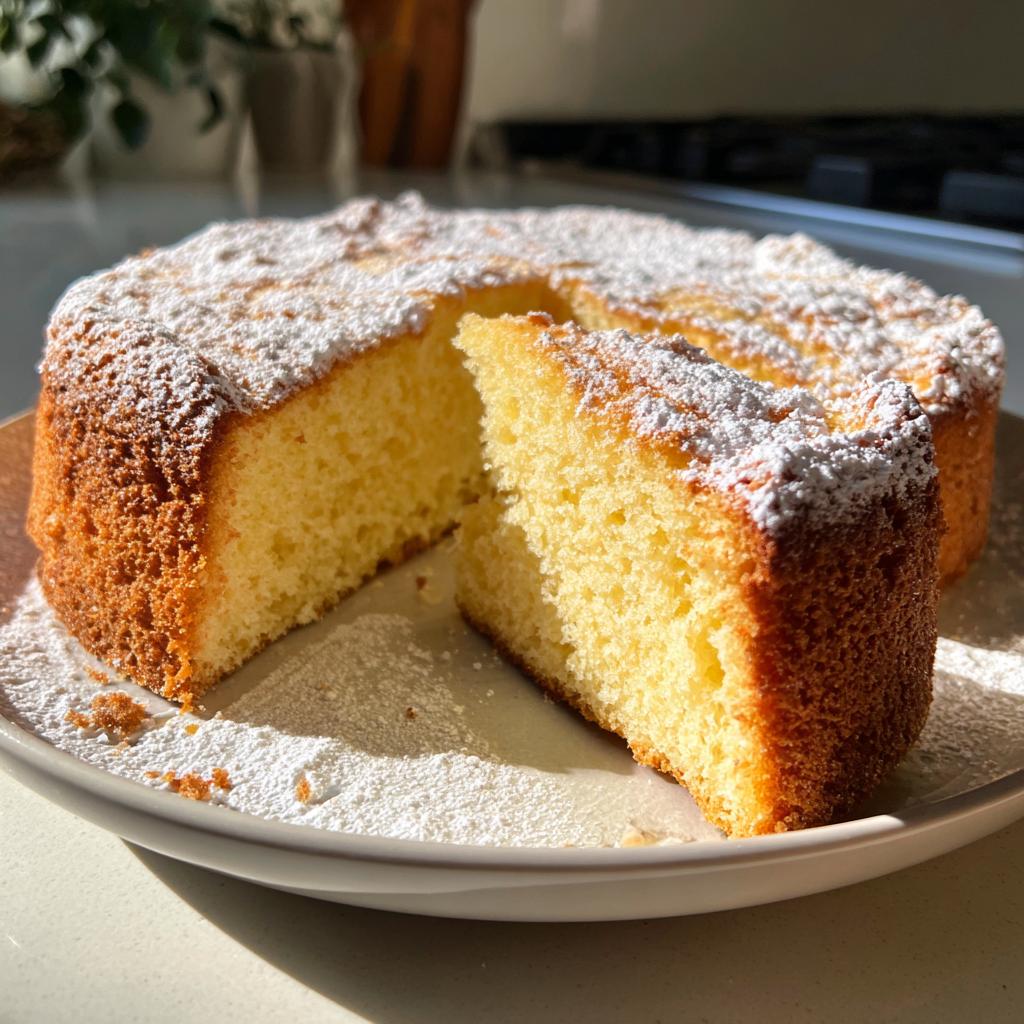 Bizcocho esponjoso casero cortado con azúcar glas espolvoreada encima.