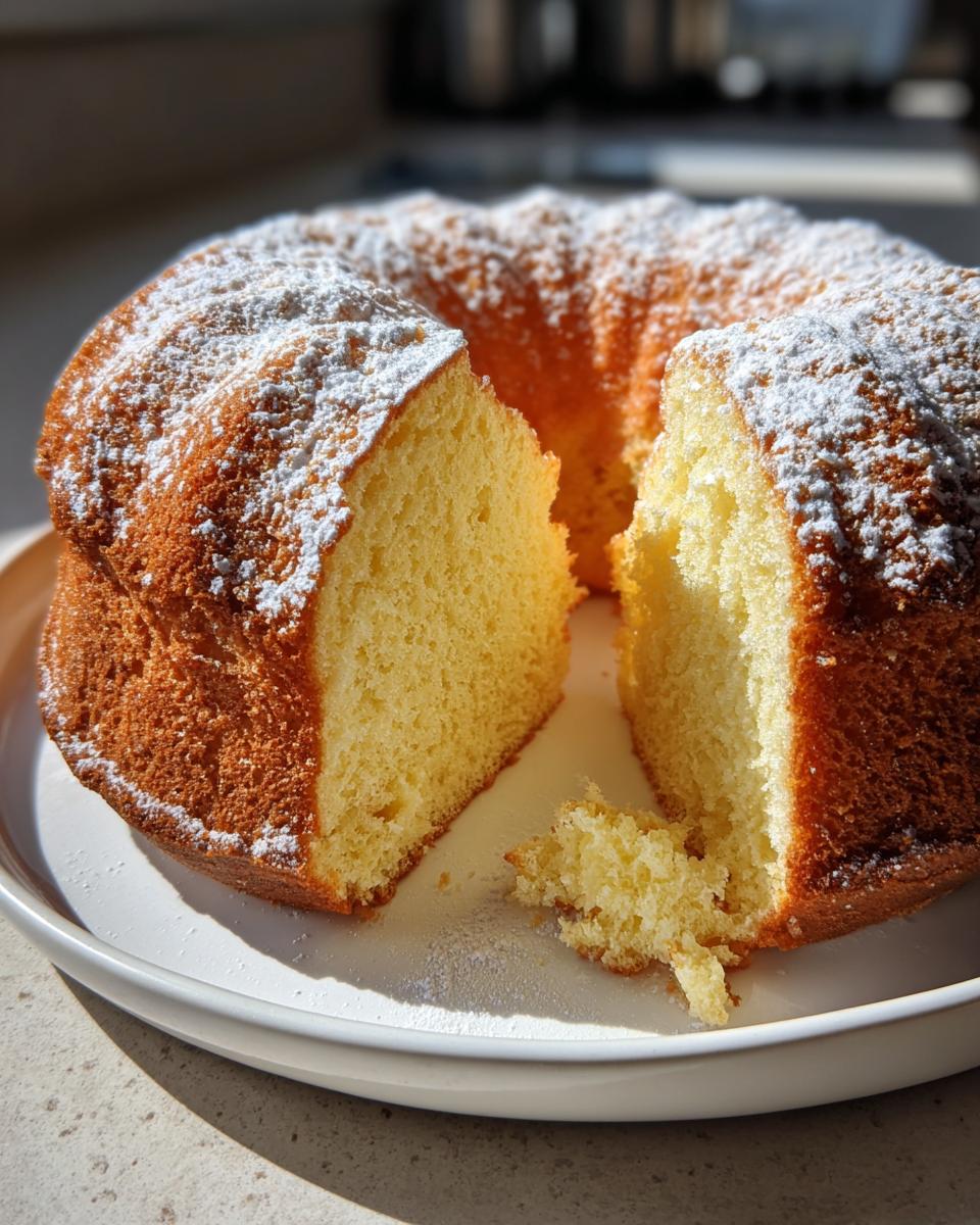 Bizcocho esponjoso en molde tipo bundt con azúcar glas espolvoreada, cortado en porciones.