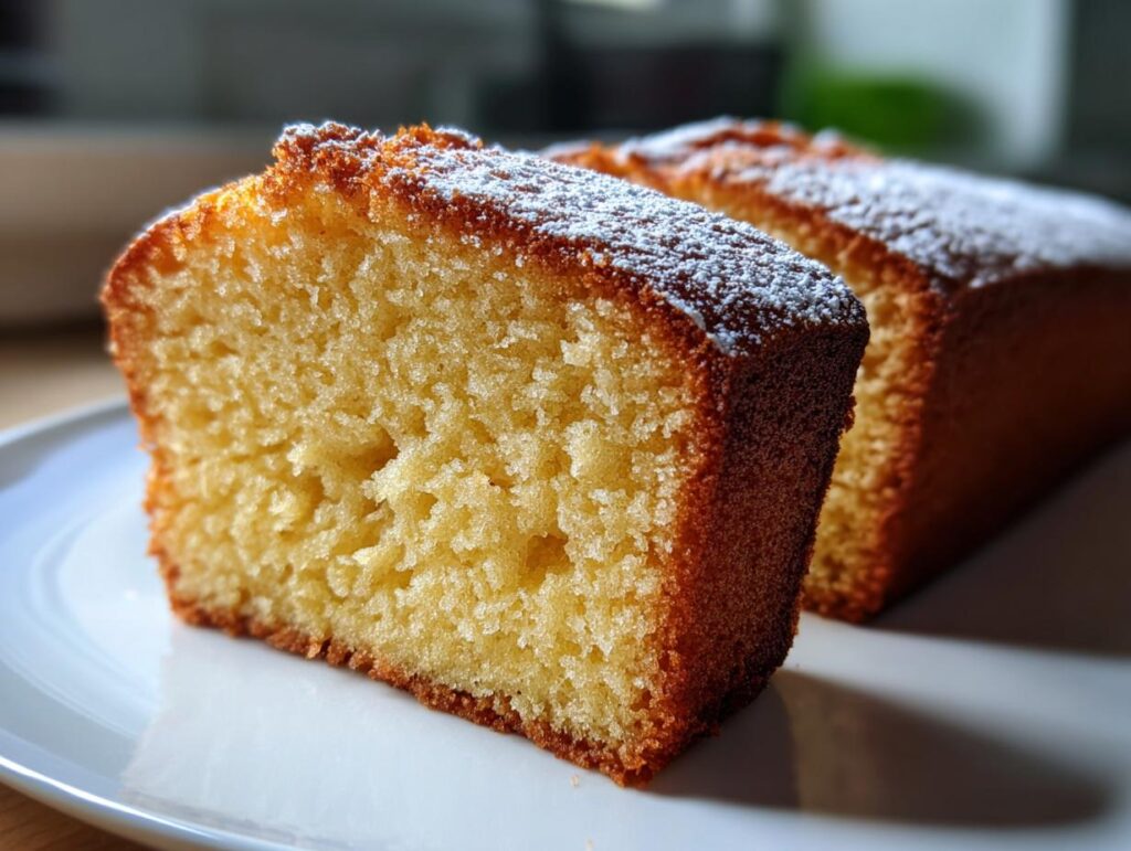 Rebanada de bizcocho esponjoso dorado con azúcar glass encima en un plato blanco