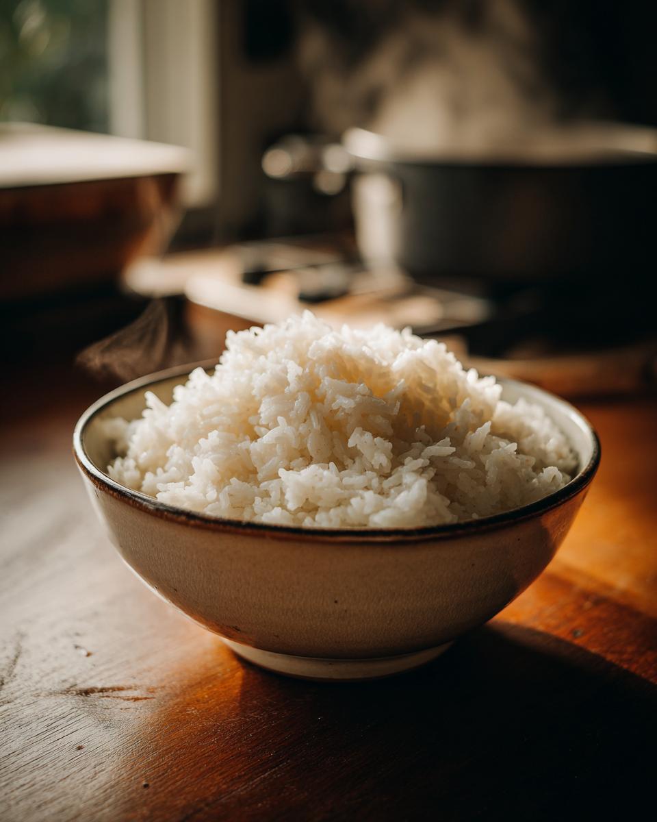 Bol de arroz blanco cocido recién hecho con vapor visible sobre una mesa de madera.