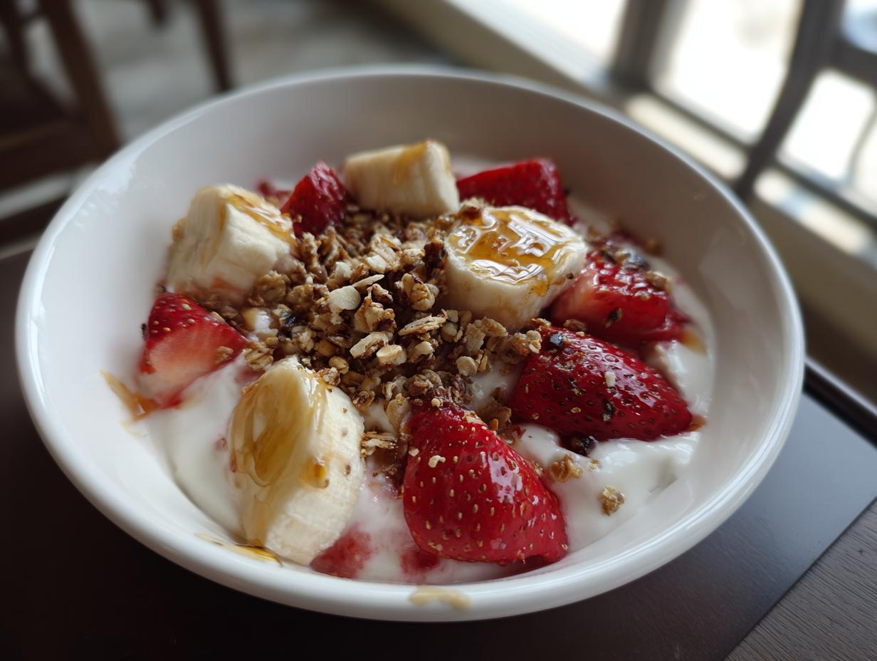 Bowl de yogur con plátano, fresas, granola y miel, ideal para recetas de merienda saludable