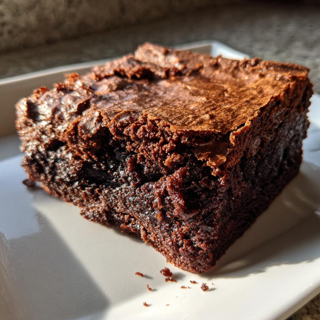 Trozo de brownie casero de chocolate en un plato blanco, textura húmeda y marrón oscuro.