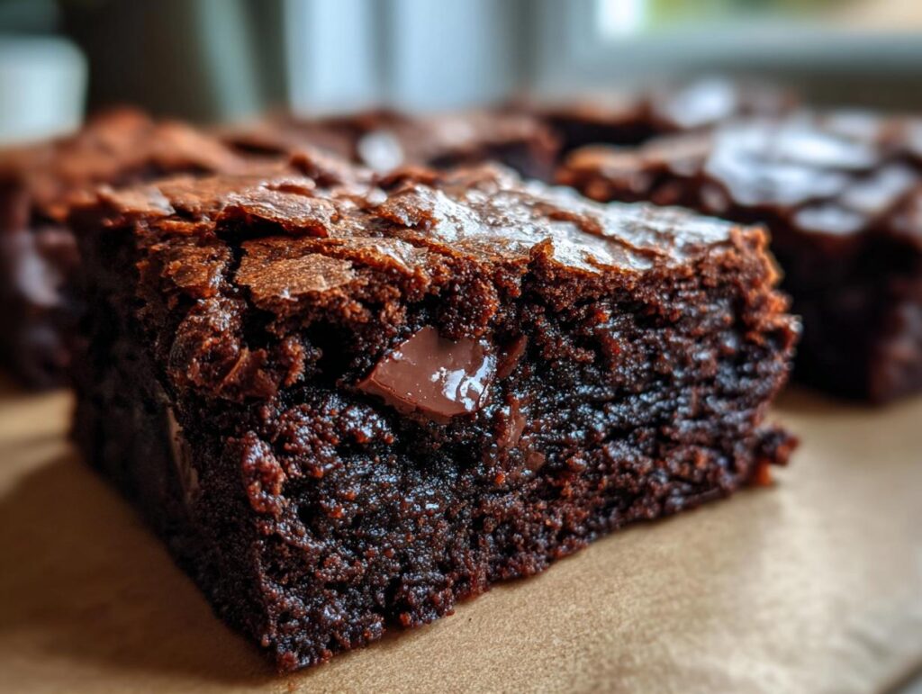 Primer plano de un brownie casero húmedo con trozos de chocolate brillante
