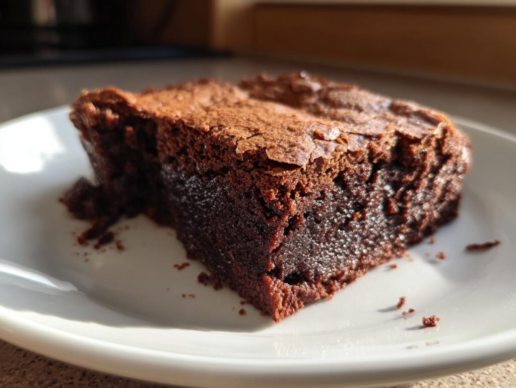Porción de brownie casero con textura húmeda en un plato blanco, receta de brownies para San Valentín