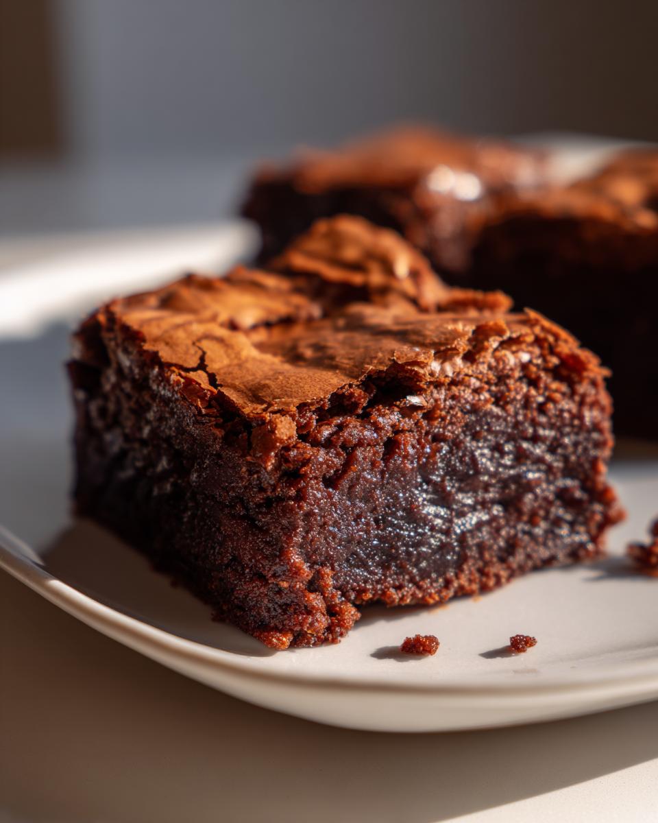 Primer plano de una porción de brownie casero con textura húmeda y crujiente.