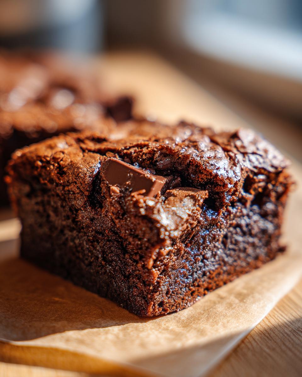 Brownie casero de chocolate con trozos fundidos sobre papel pergamino
