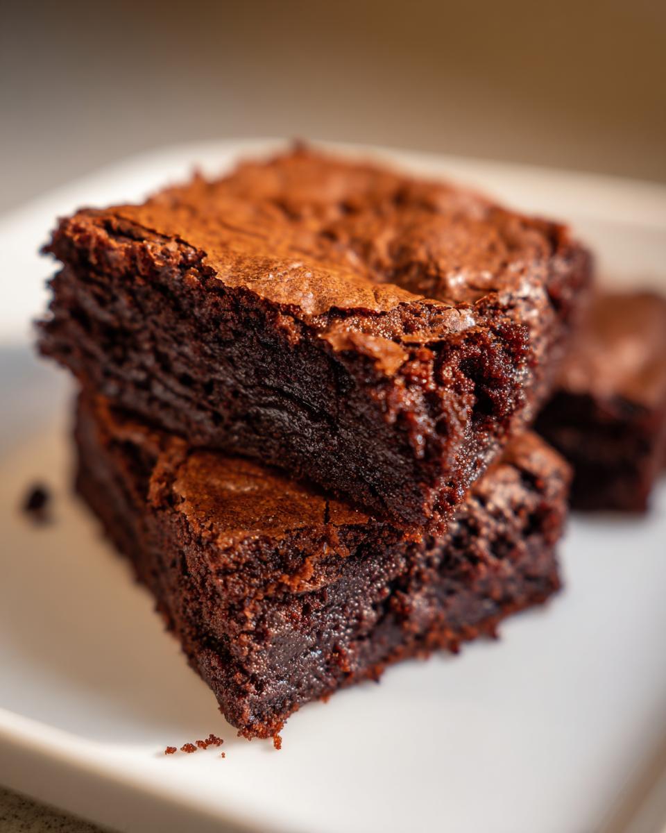 Close-up de brownies caseros con textura húmeda y corteza crujiente en plato blanco.