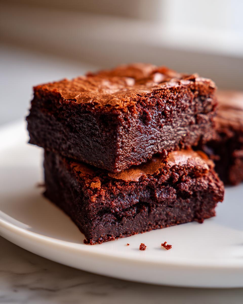 Dos brownies caseros de chocolate, esponjosos y húmedos, apilados sobre un plato blanco.