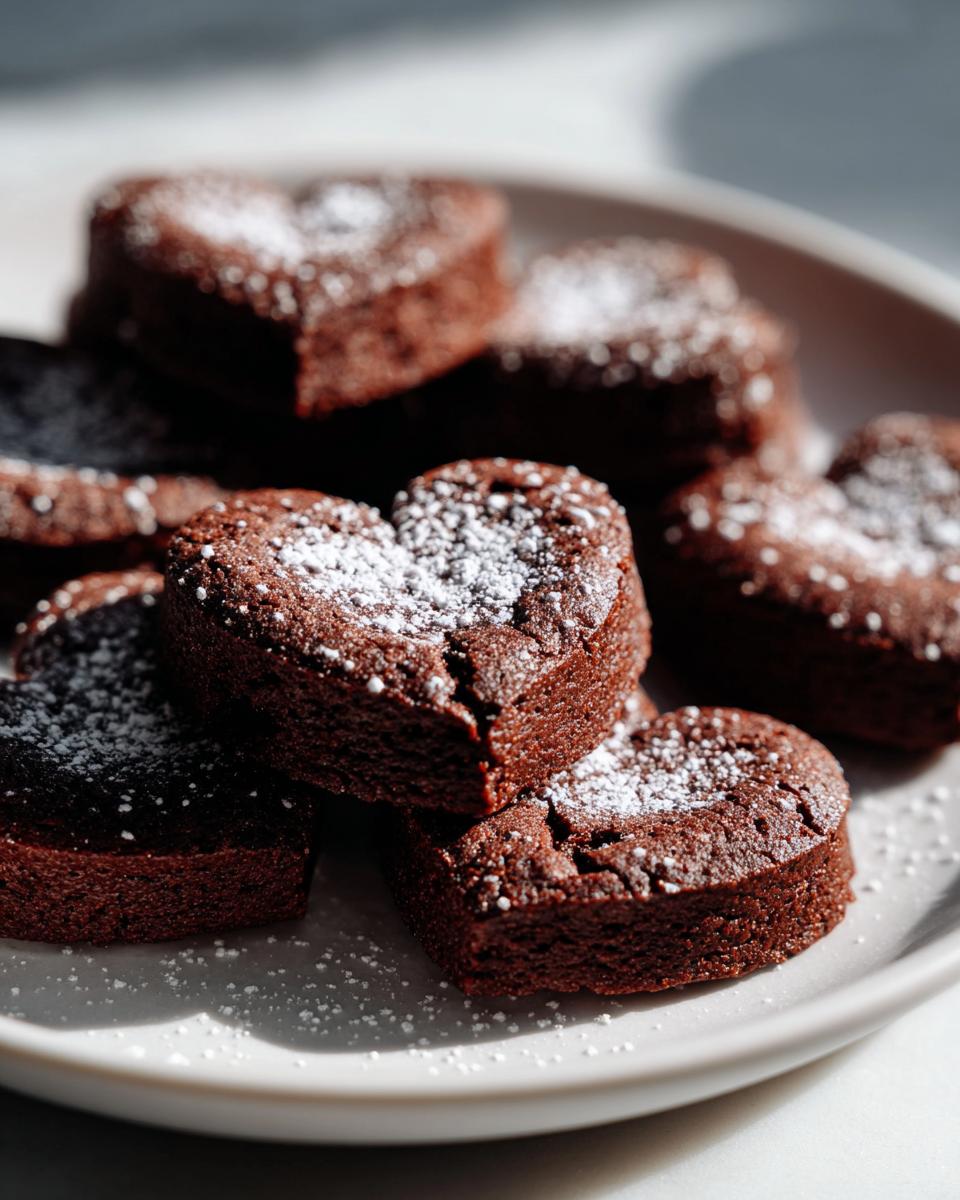 Brownies de chocolate en forma de corazón espolvoreados con azúcar glas sobre un plato blanco.