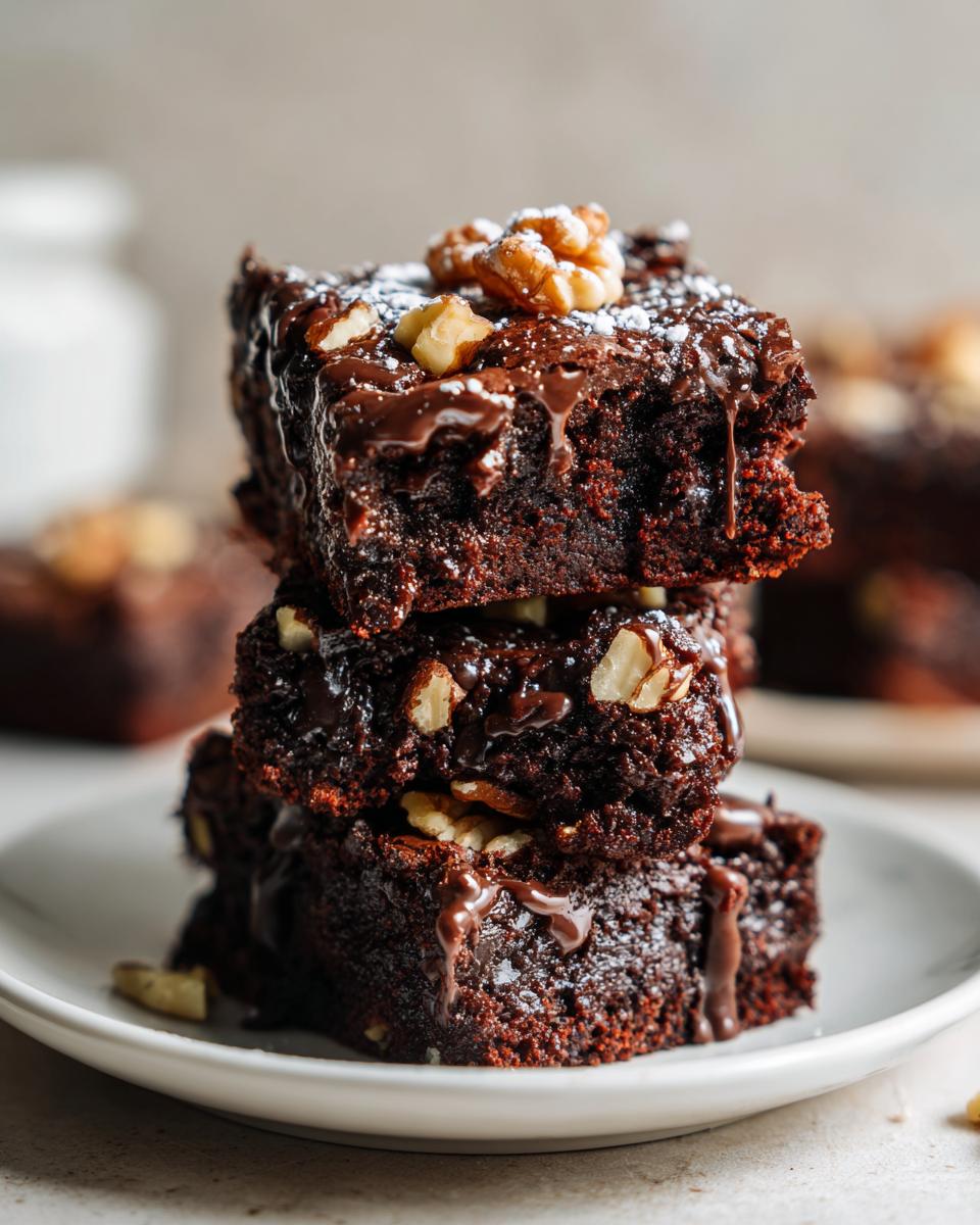 Pila de tres brownies navideños decorados con nueces y chocolate fundido en un plato blanco.