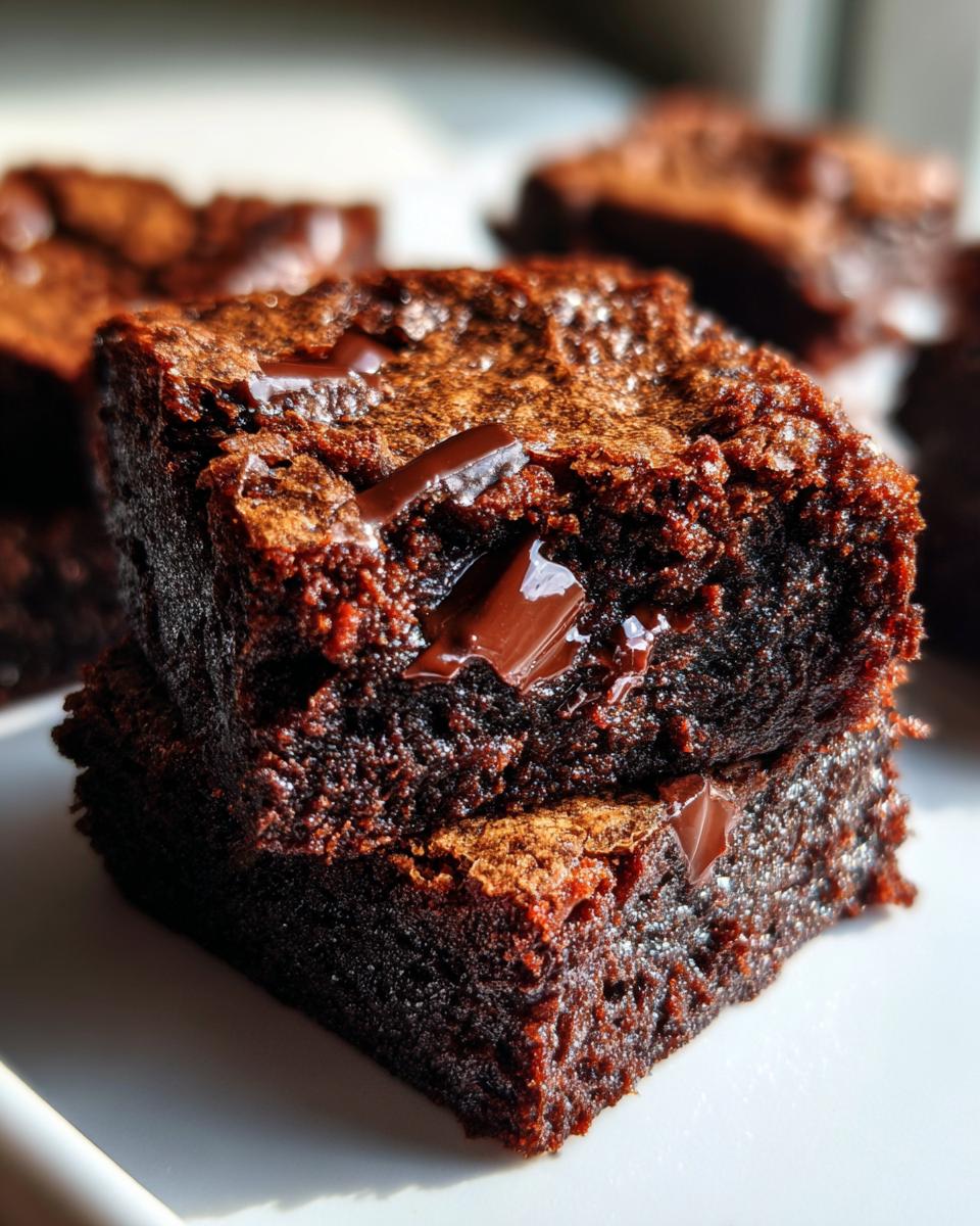 Dos brownies húmedos y clásicos con trozos de chocolate derretido para postres con chocolate sencillos.