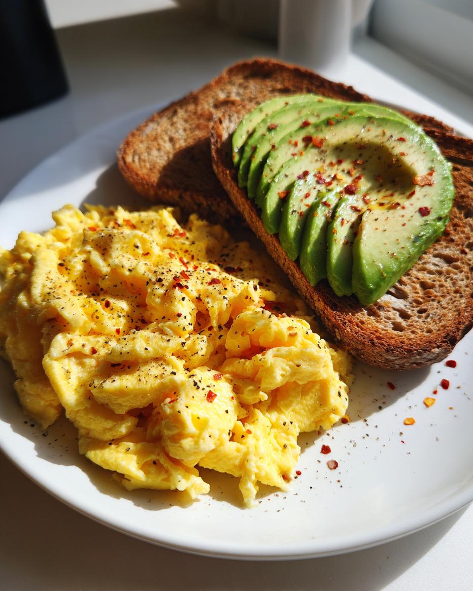 Plato con huevos revueltos condimentados y tostadas con aguacate en rodajas