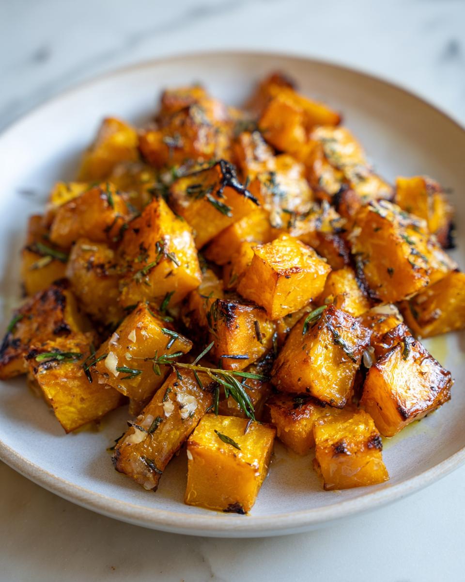 Cubos de calabaza de invierno asada con hierbas y ajo sobre un plato blanco