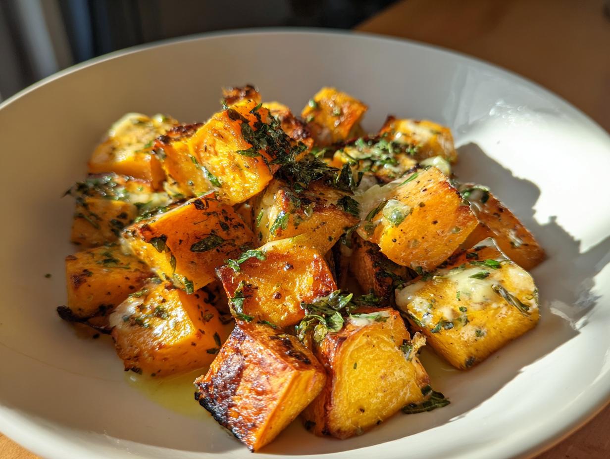 Plato con cubos de calabaza de invierno asada y hierbas frescas.