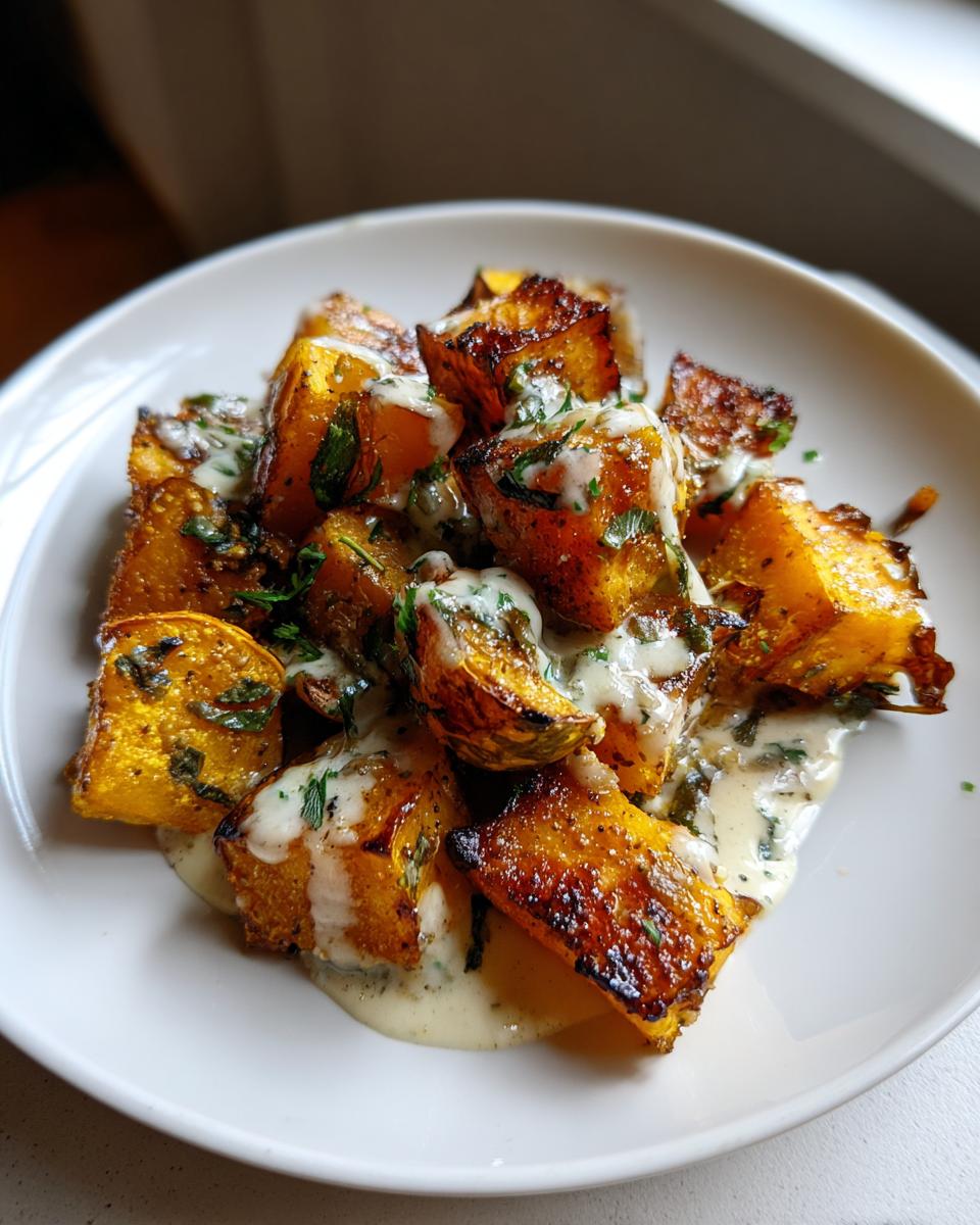 Plato de calabaza de invierno asada con salsa cremosa y hierbas frescas