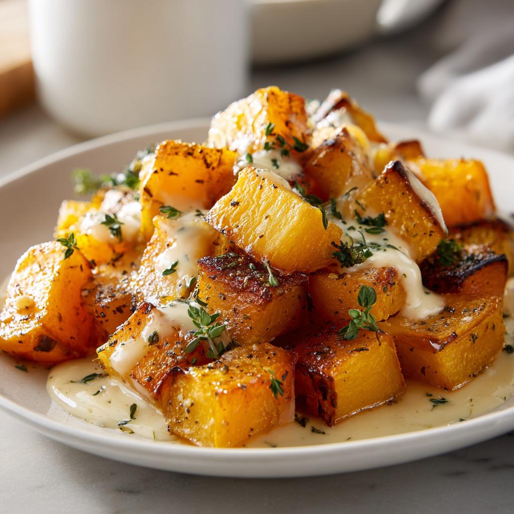 Porción de calabaza de invierno asada con salsa cremosa y hierbas frescas en un plato blanco.