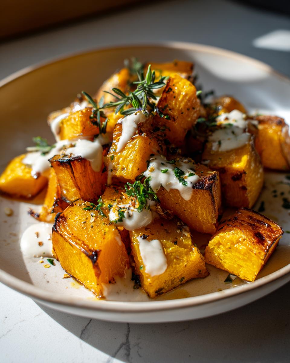 Plato de calabaza de invierno asada con salsa blanca y hierbas frescas