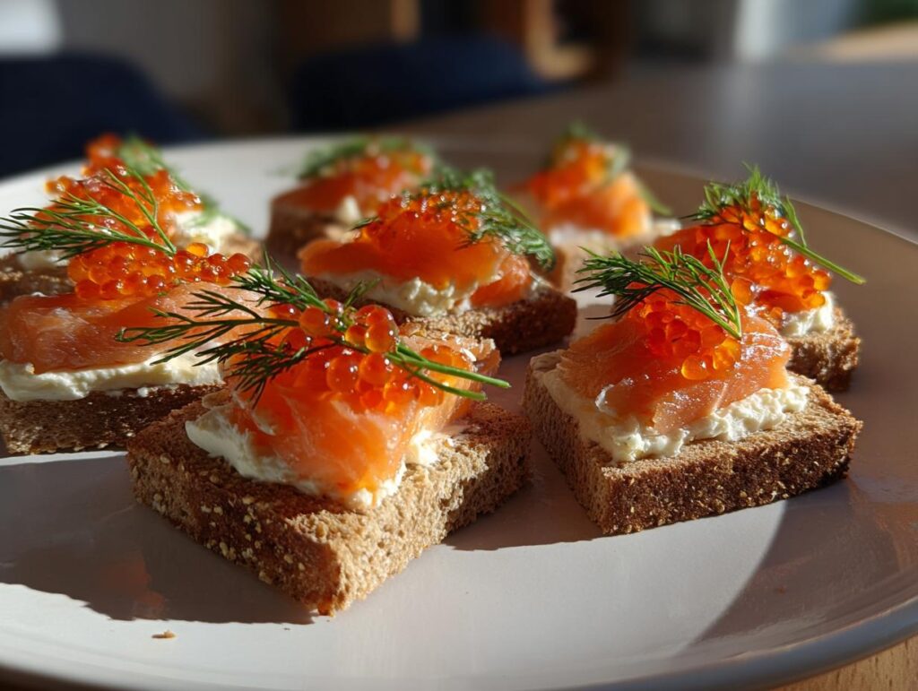 Canapés fríos para navidad con salmón, crema, huevas y eneldo sobre pan integral