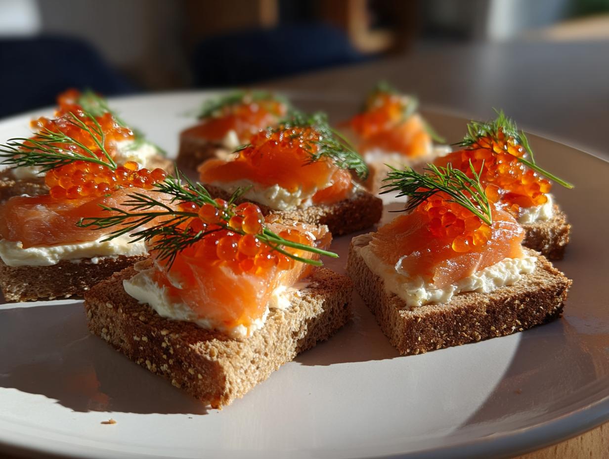 Canapés fríos para navidad con salmón, crema, huevas y eneldo sobre pan integral