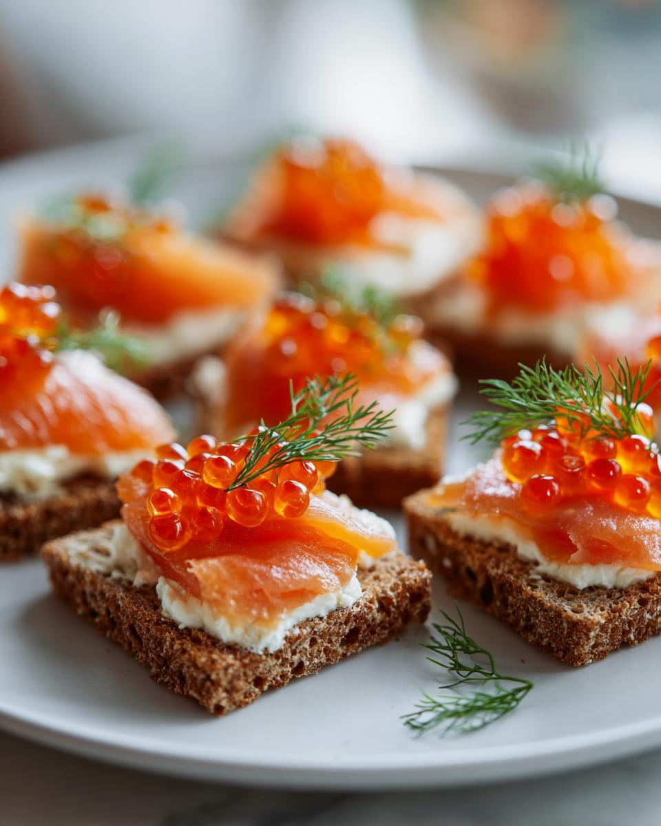 Canapés fríos para navidad con salmón ahumado, queso crema y huevas sobre pan oscuro