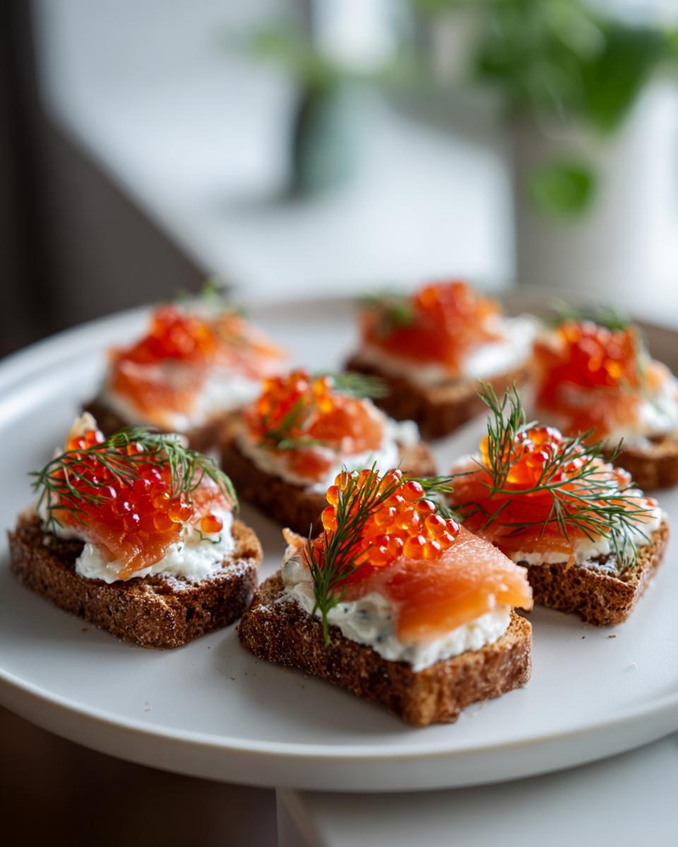 Canapés fríos para navidad con salmón, queso crema, huevas y eneldo sobre pan