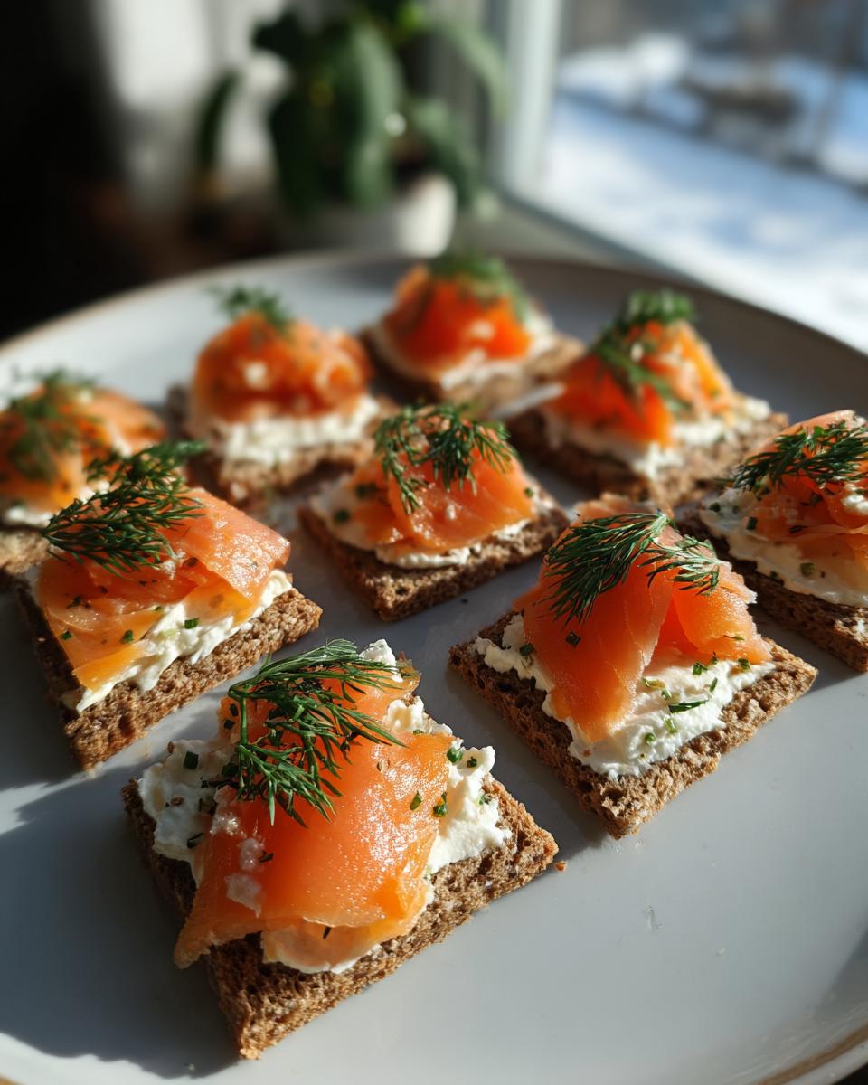 Canapés navideños rápidos con salmón ahumado, crema y eneldo sobre pan integral en plato blanco.