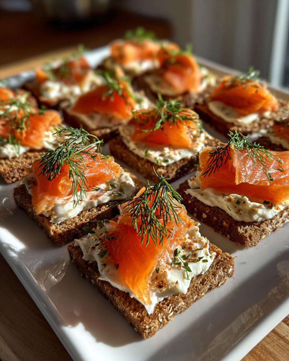 Canapés navideños rápidos con pan integral, crema y salmón ahumado decorados con eneldo