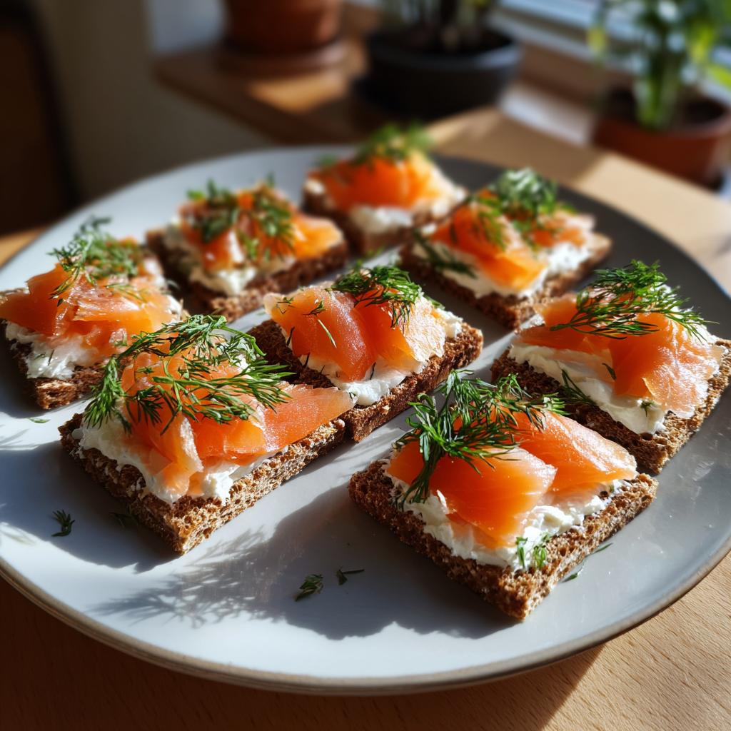 Canapés navideños rápidos con salmón ahumado, queso crema y eneldo sobre pan integral.