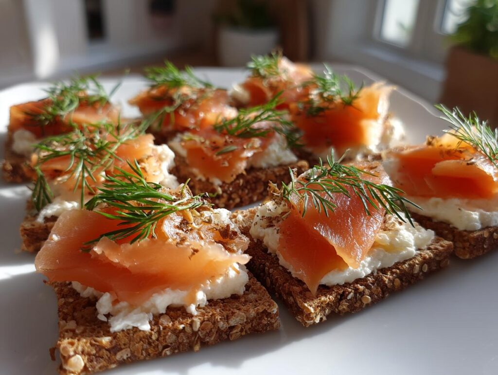Canapés navideños rápidos con base de pan crujiente, queso crema, salmón ahumado y eneldo fresco.