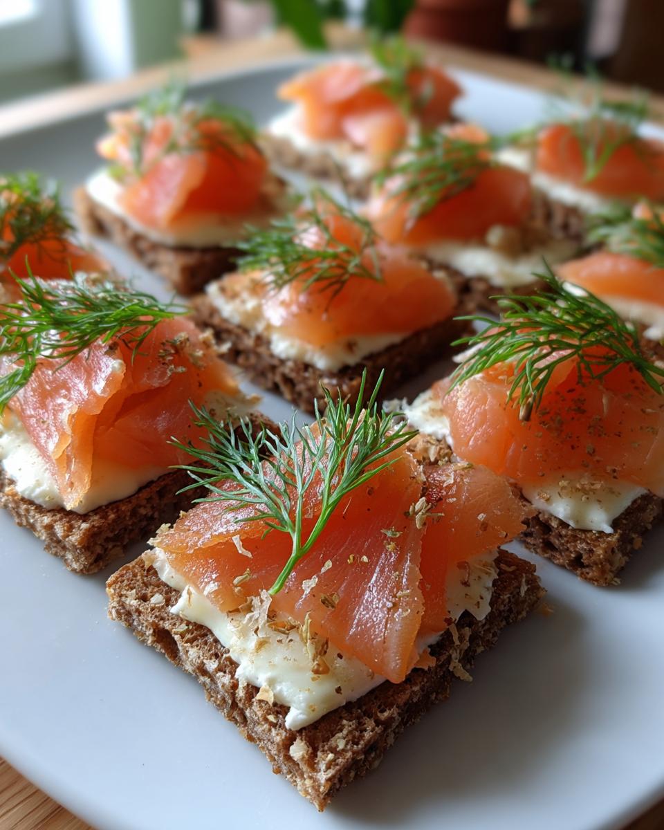 Canapés navideños rápidos con base de pan integral, queso crema, salmón ahumado y eneldo fresco