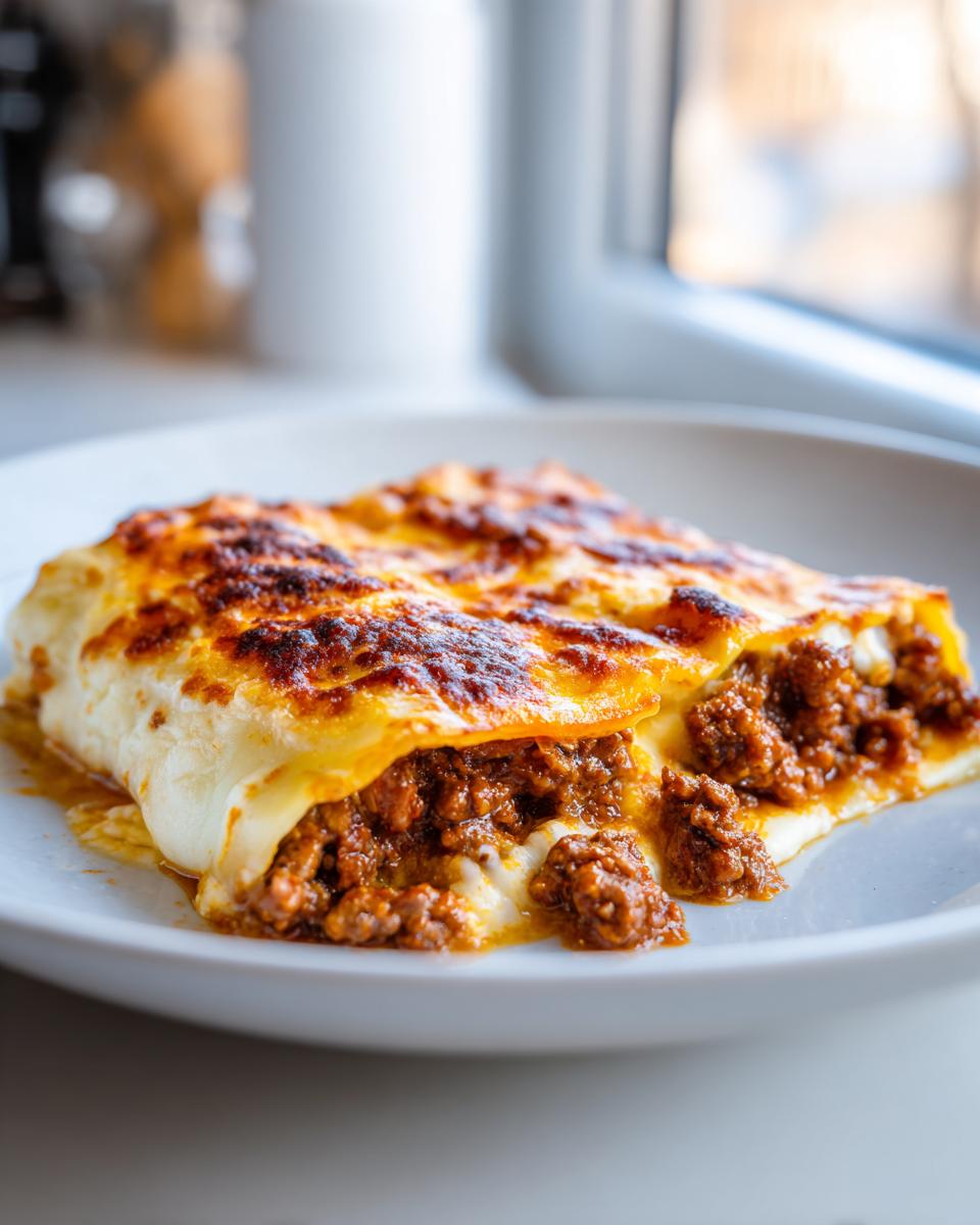 Canelones de carne tradicionales gratinados con salsa y carne en un plato blanco