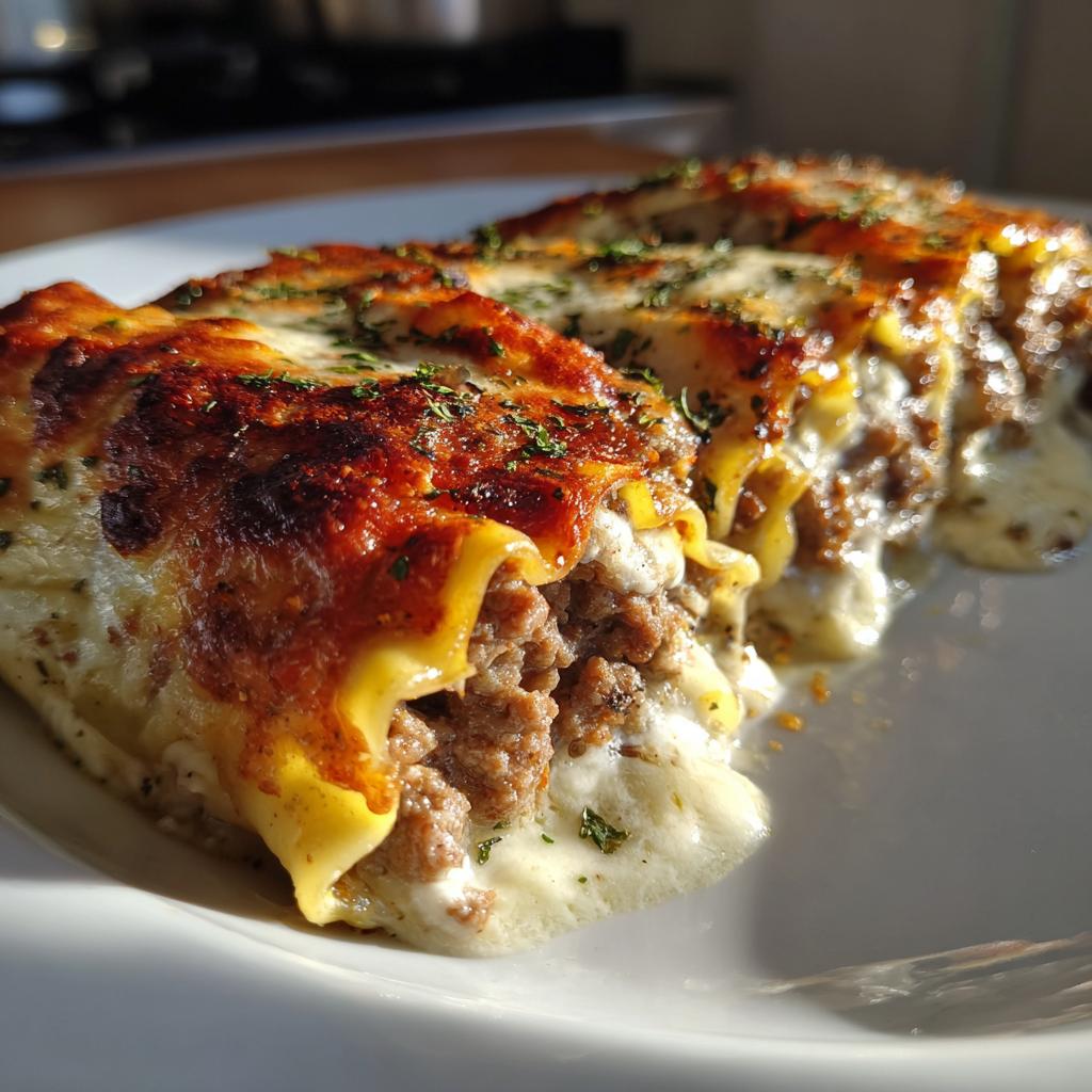 Primer plano de canelones de carne tradicionales con salsa y queso gratinado