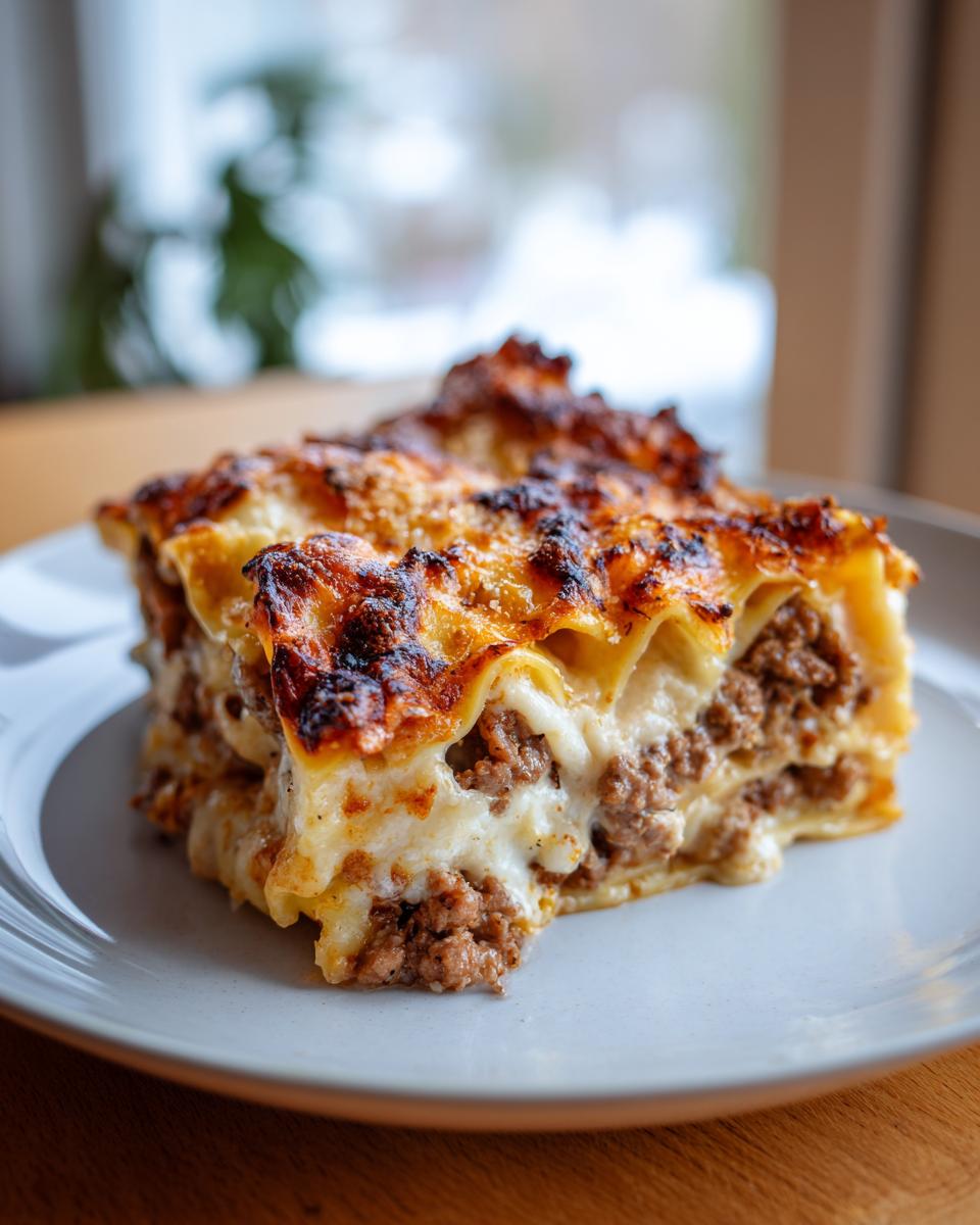 Porción de canelones de carne tradicionales con carne y salsa bechamel gratinados en un plato blanco.
