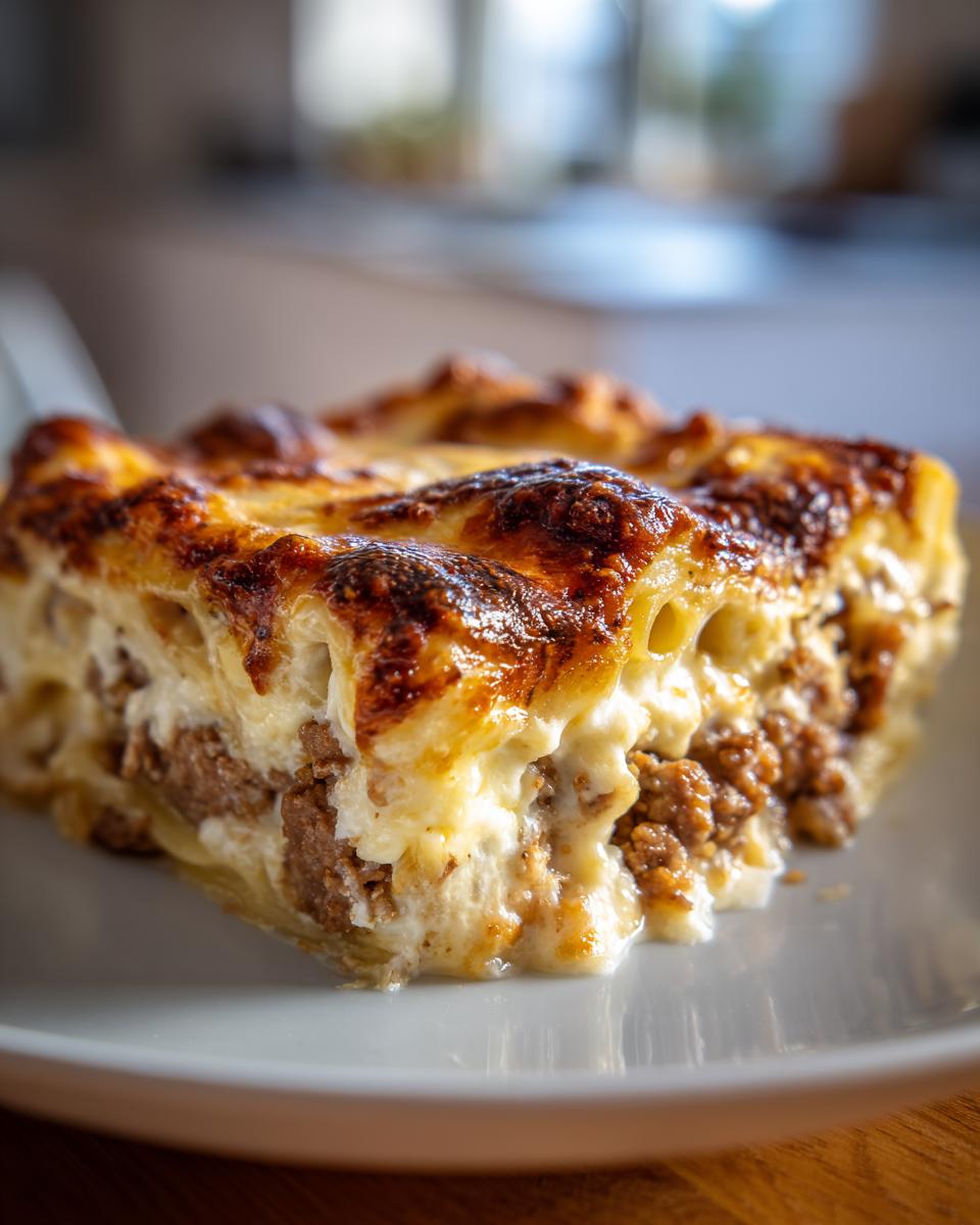 Porción de canelones de carne tradicionales con salsa bechamel y queso gratinado