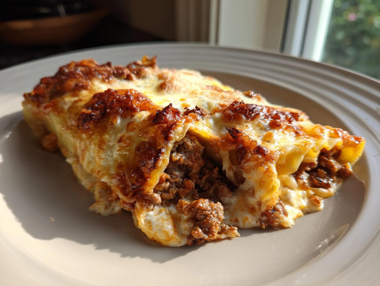 Porción de canelones de carne tradicionales con salsa y queso gratinado en un plato blanco