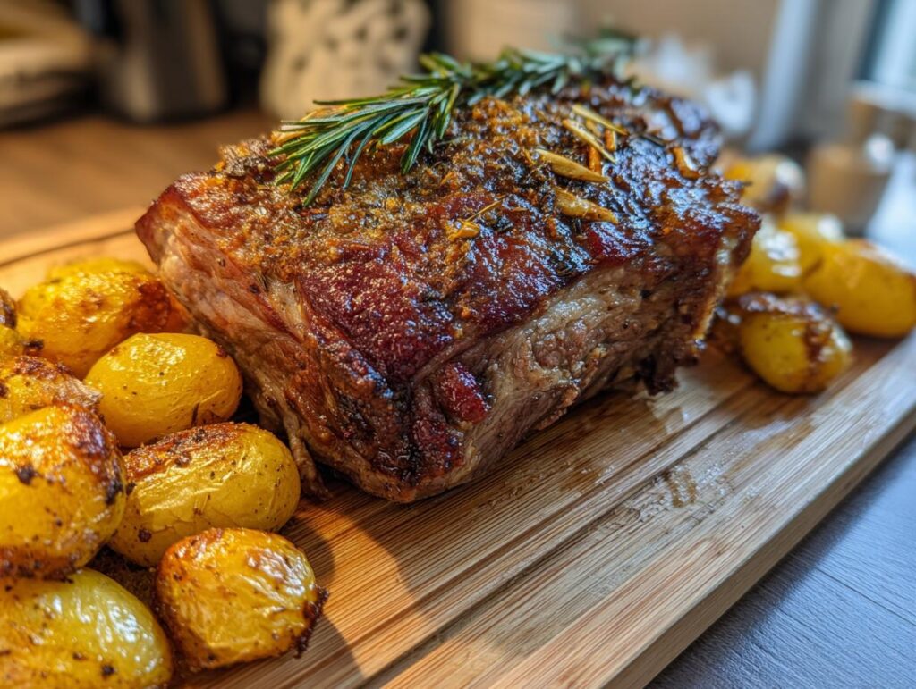 Carne asada jugosa acompañada de papas rostizadas doradas en tabla de madera, ideas de menú navideño fácil