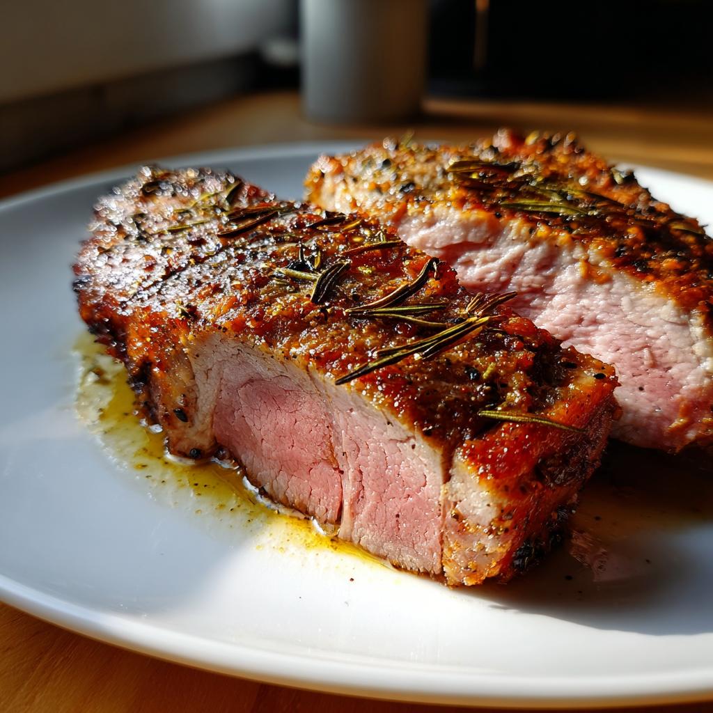 Trozo de carne jugosa al horno con costra de hierbas y especias sobre plato blanco