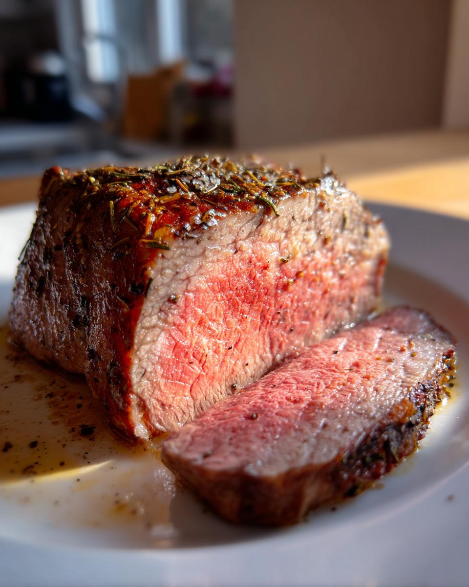 Trozo de carne jugosa al horno con especias y hierbas, parcialmente cortada en rodajas sobre plato blanco