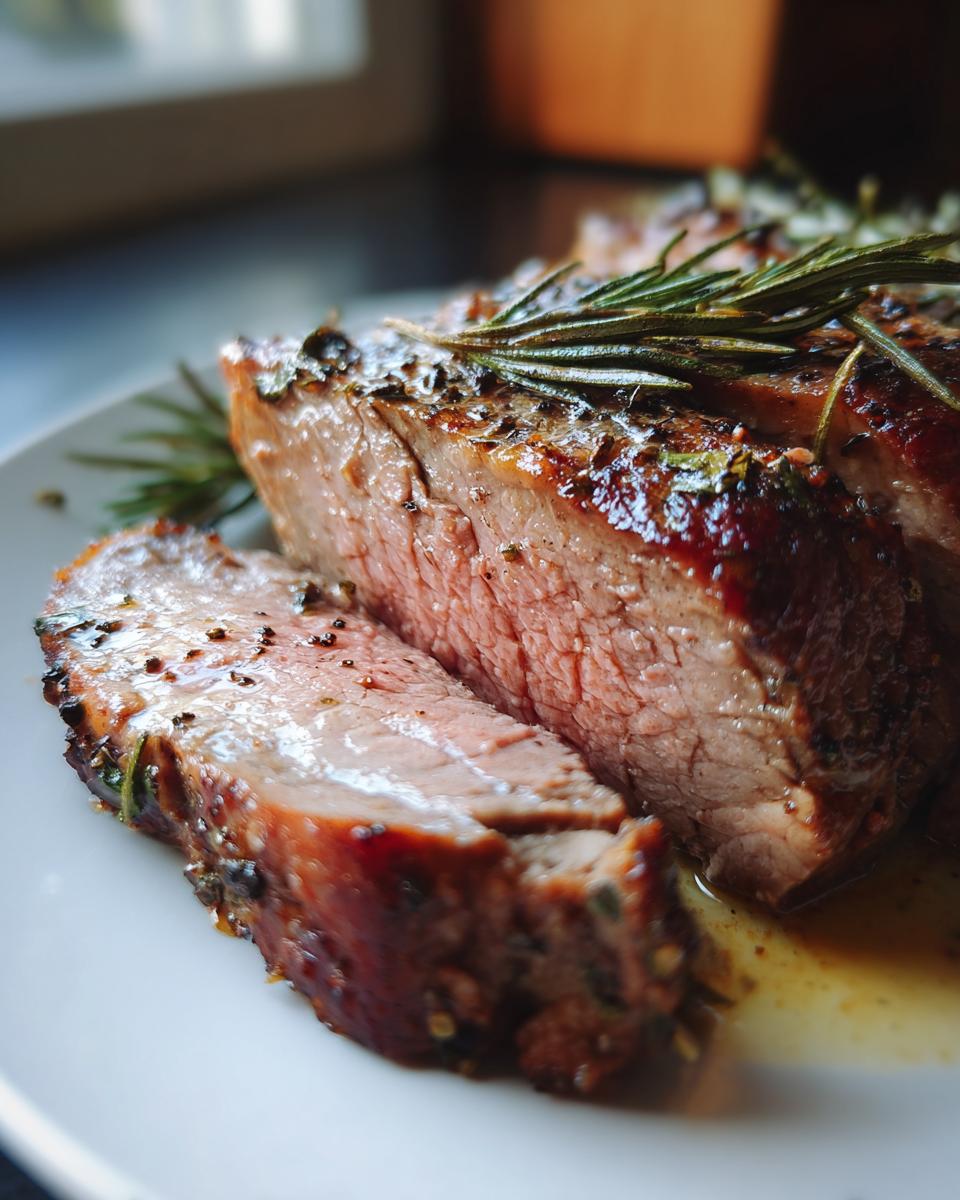 Carne jugosa al horno cortada con costra dorada y ramitas de romero encima
