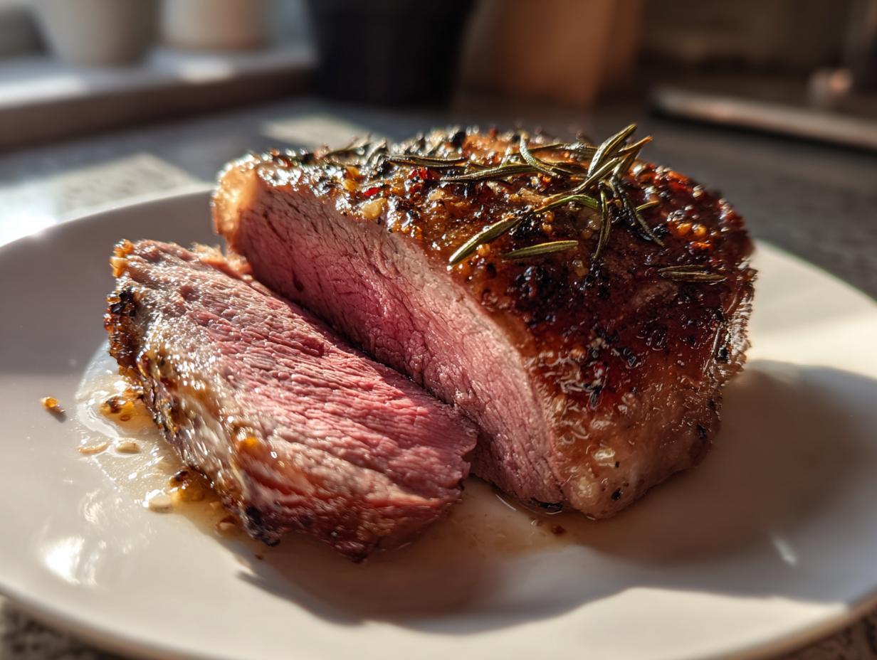 Trozo de carne jugosa al horno con corte rosado y romero fresco encima en un plato blanco